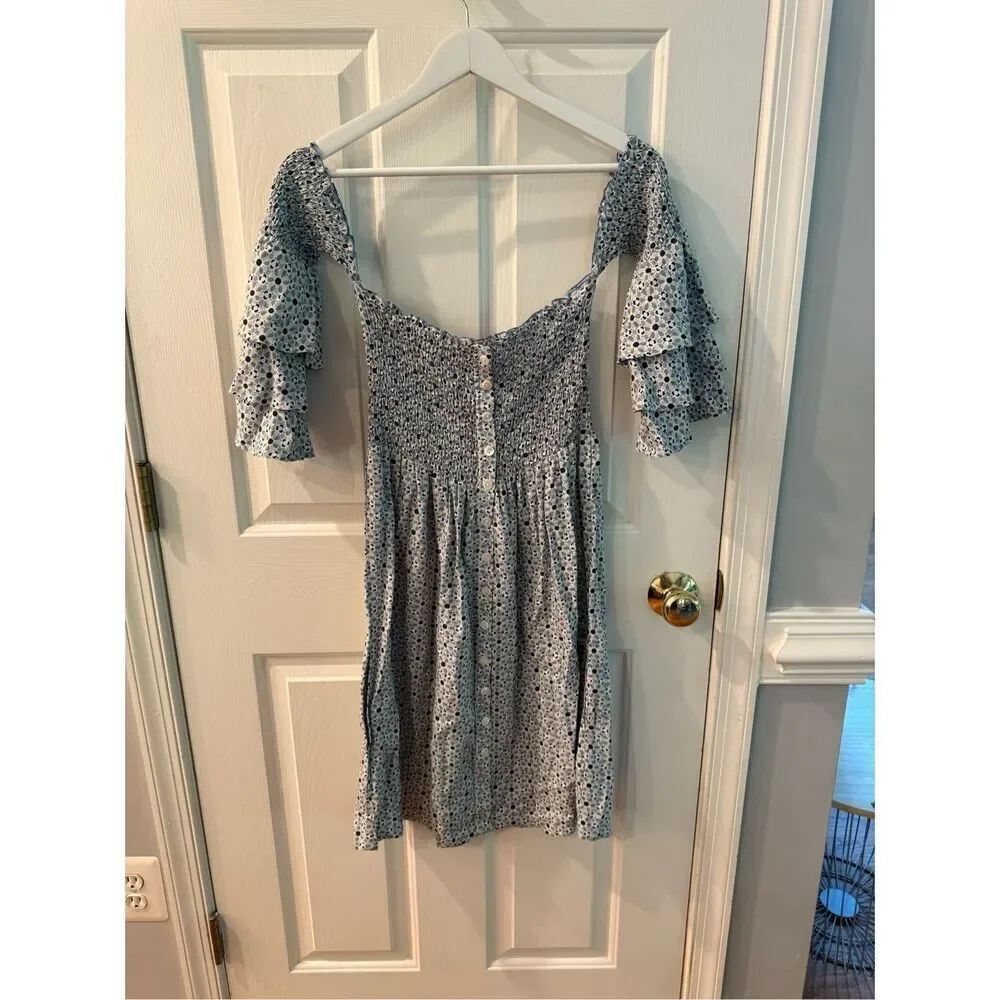 Skemo Blue Ditsy Print Smocked Off the Shoulder Dress sz S EUC